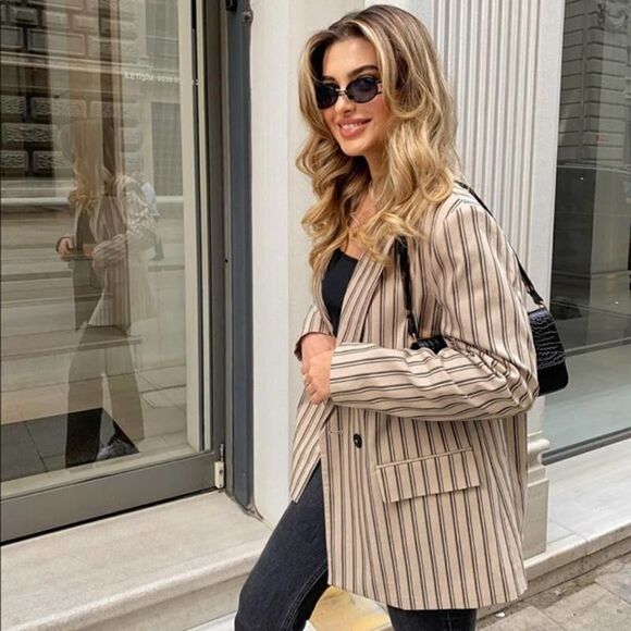 ZARA Oversized Blazer Striped Neutrals Double Breasted - Picture 5 of 7